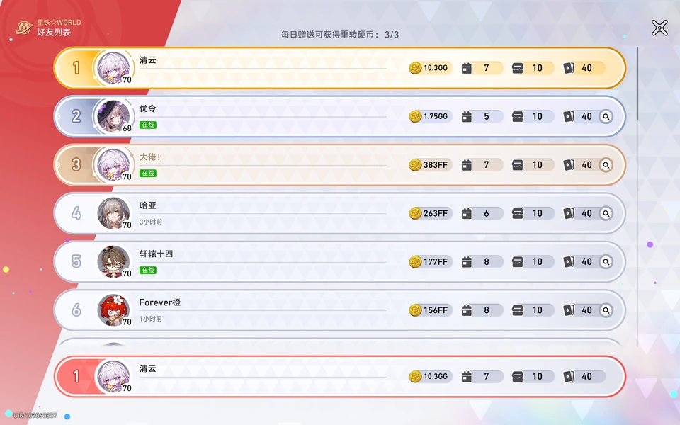 崩坏：星穹铁道,星铁world,好友排名,星穹铁道