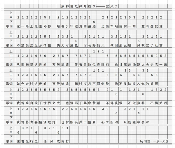 起风了琴谱是什么,原神